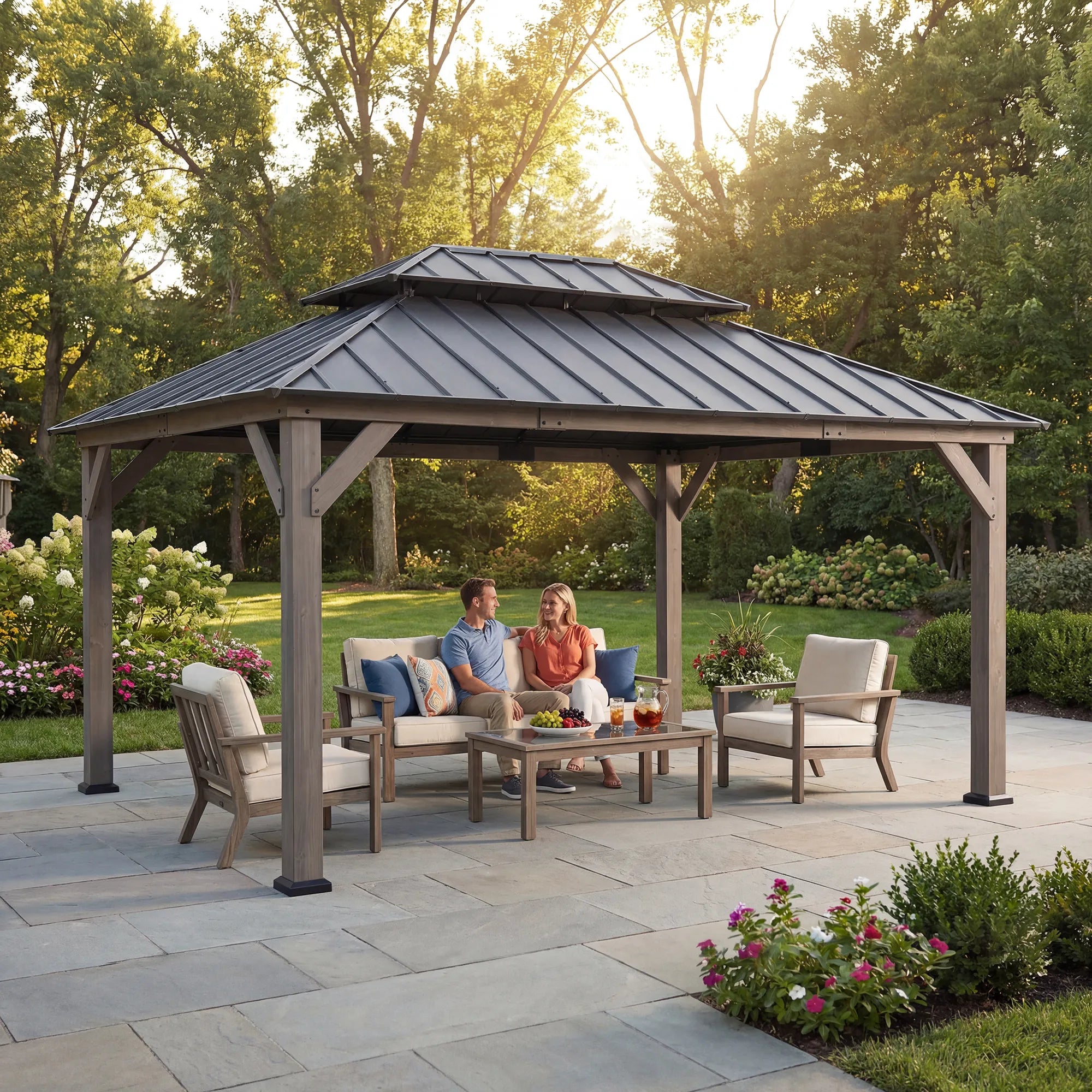 SUNJOY 12x16 Wooden Gazebo with 2-Tier Metal Roof and Ceiling Hook - Driftwood Cedar