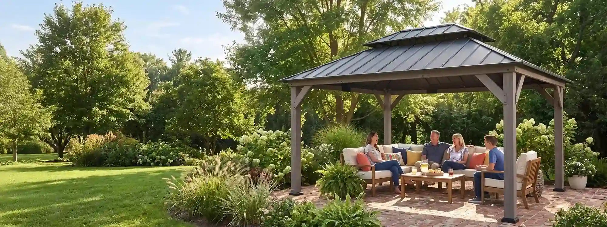 SUNJOY 12x16 Wooden Gazebo with 2-Tier Metal Roof and Ceiling Hook - Driftwood Cedar