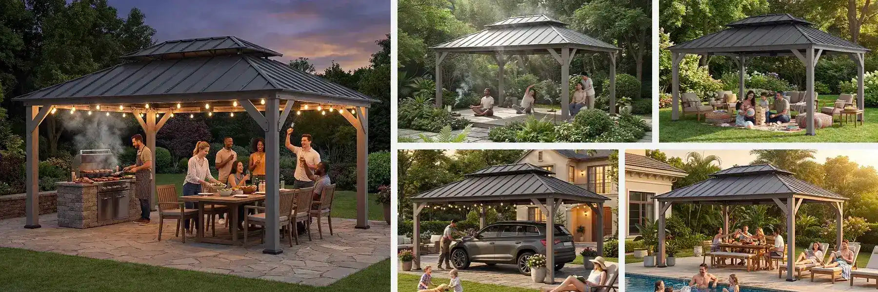 SUNJOY 12x16 Wooden Gazebo with 2-Tier Metal Roof and Ceiling Hook - Driftwood Cedar