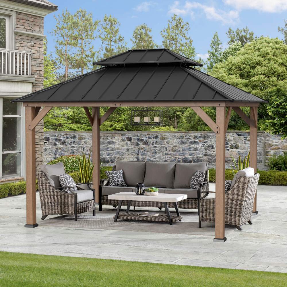 SUNJOY 10x12 Wood Gazebo with 2-tier Metal Roof and Ceiling Hook.