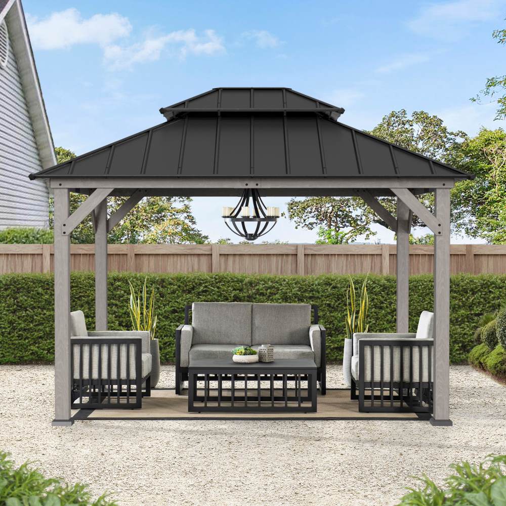 SUNJOY 10x12 Wood Gazebo with 2-tier Metal Roof and Ceiling Hook.