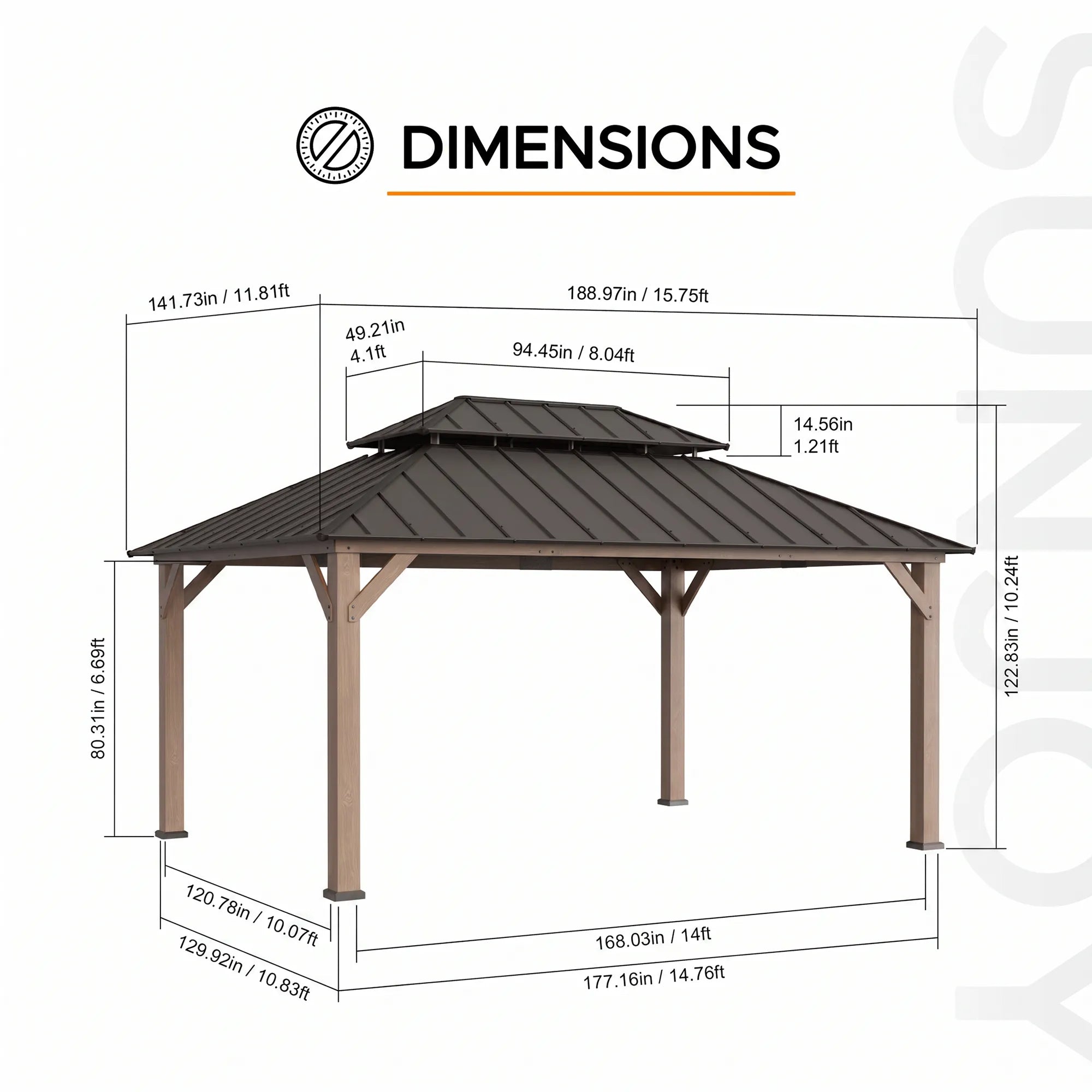 Cedar Frame Gazebo with Steel Roof, Netting and Ceiling Hook, 12x16 - Weathered Cedar