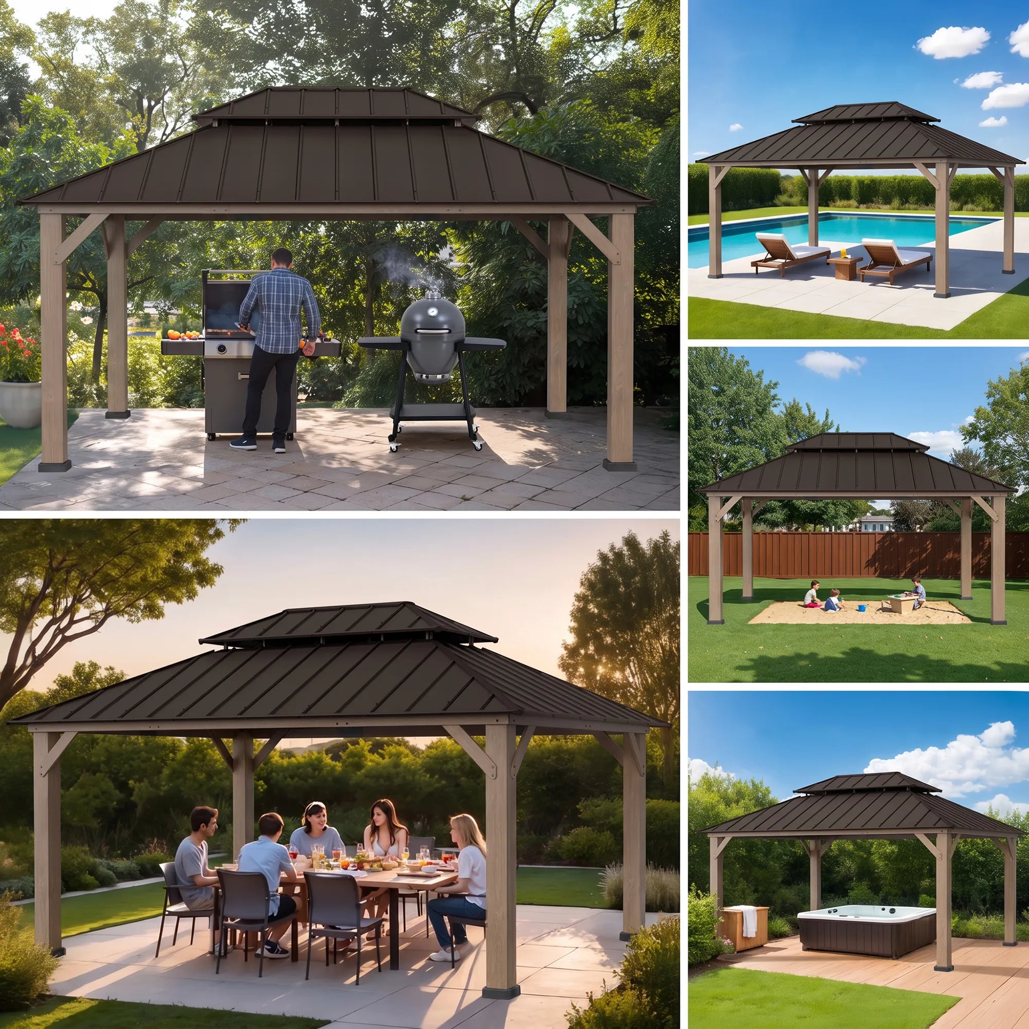 Cedar Frame Gazebo with Steel Roof, Netting and Ceiling Hook, 12x16 - Weathered Cedar