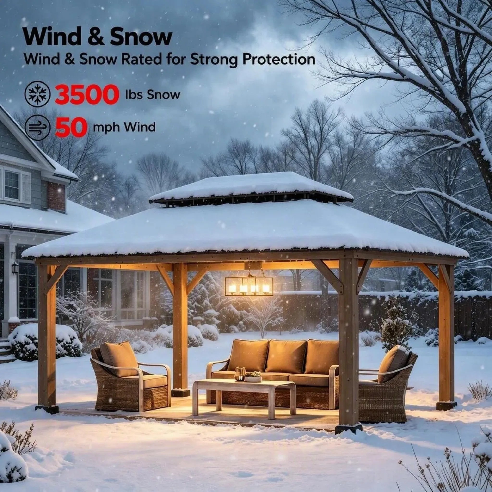 Cedar Frame Gazebo with Steel Roof, Netting and Ceiling Hook, 12x16 - Weathered Cedar