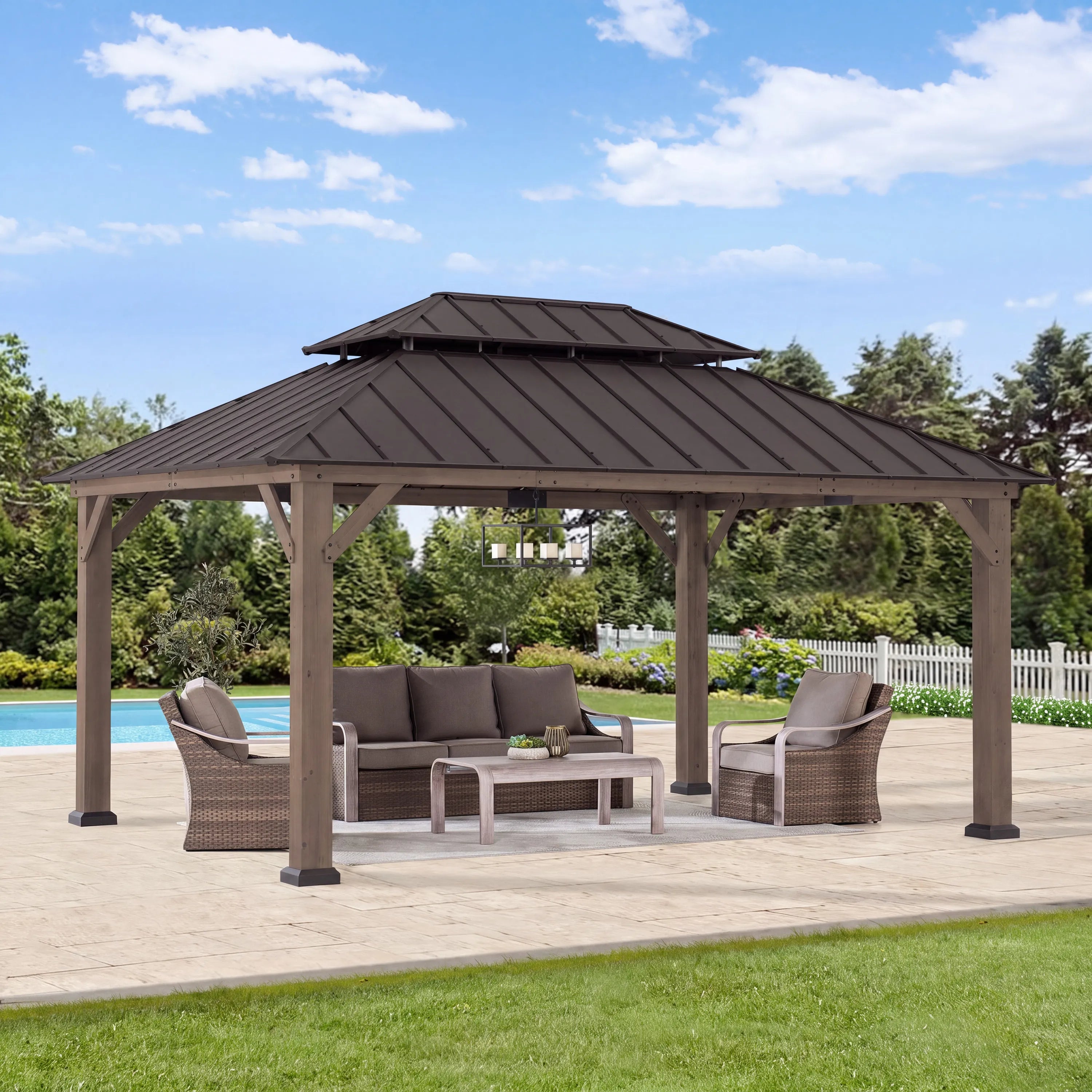 Cedar Frame Gazebo with Steel Roof, Netting and Ceiling Hook, 12x16 - Weathered Cedar