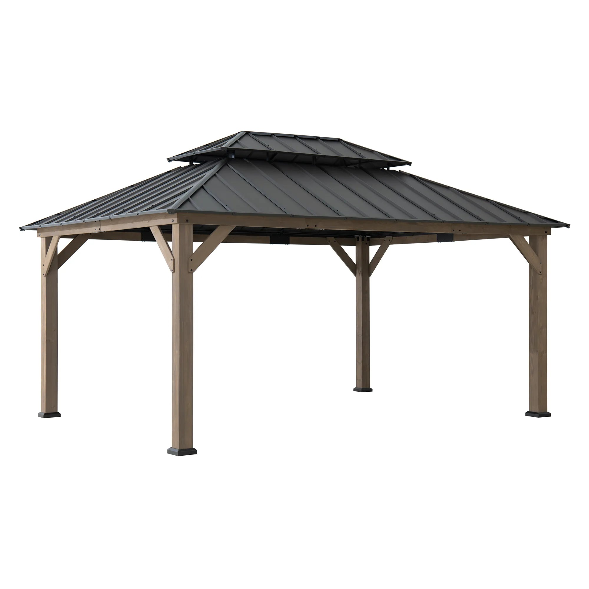 Cedar Frame Gazebo with Steel Roof, Netting and Ceiling Hook, 12x16 - Weathered Cedar