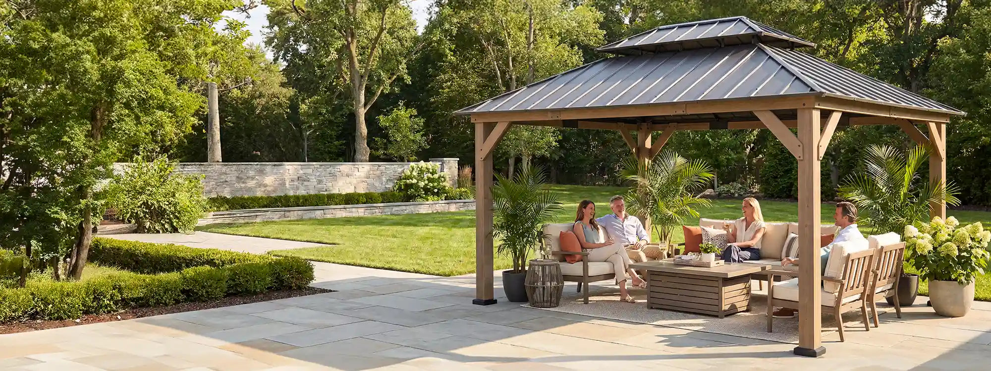 SUNJOY 12x16 Cedar Frame Gazebo with Steel Roof, Netting and Ceiling Hook - Weathered Cedar