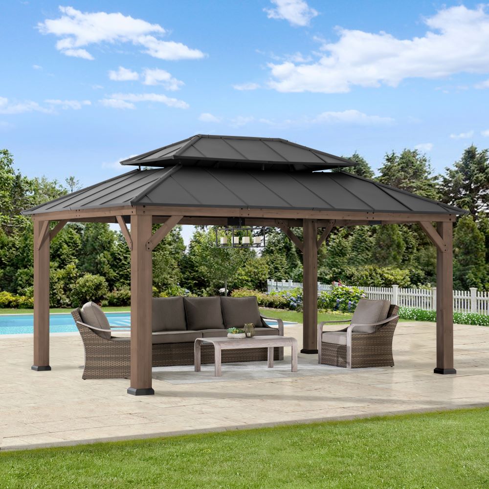 SUNJOY 12x16 Cedar Frame Gazebo with Steel Roof, Netting and Ceiling Hook - Weathered Cedar