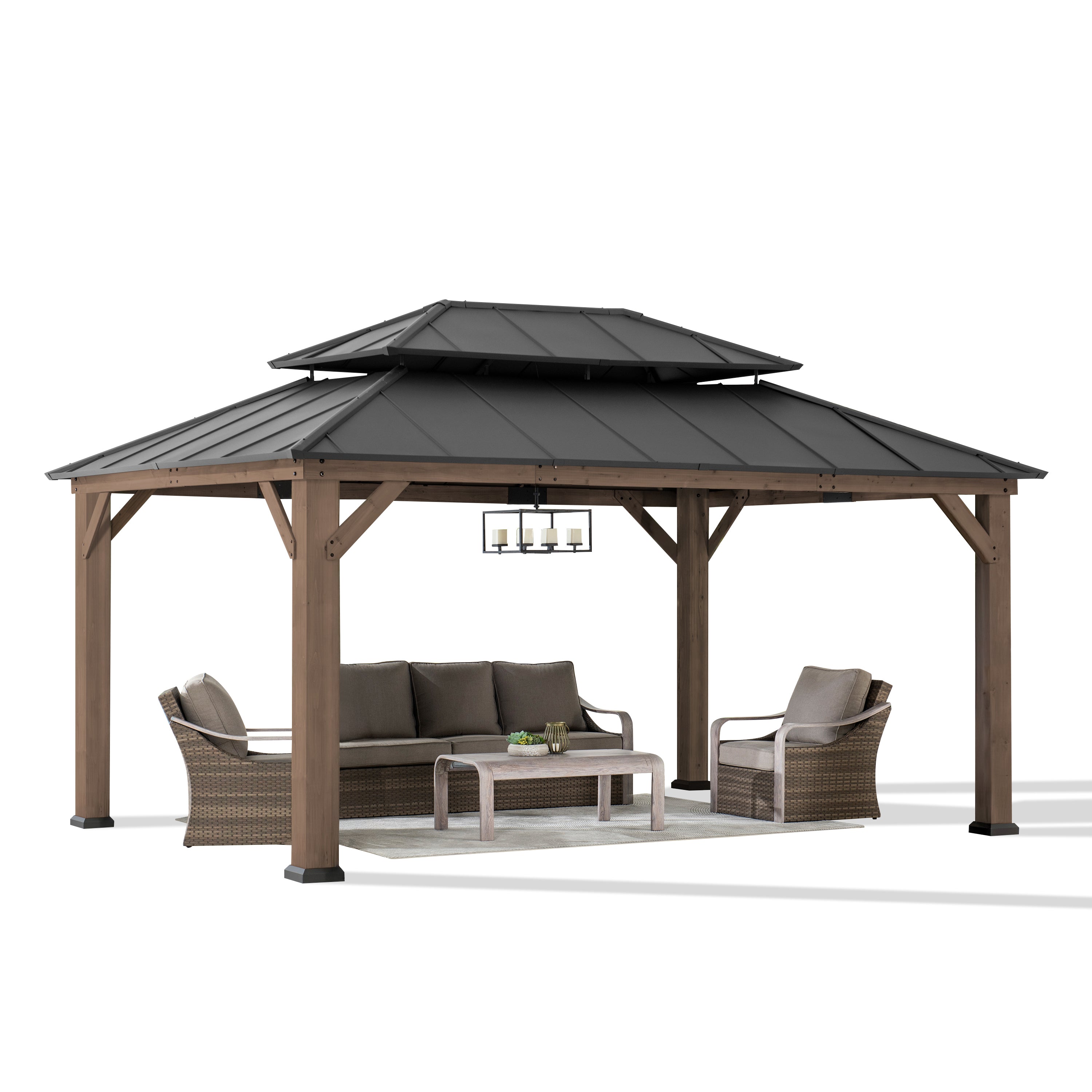 SUNJOY 12x16 Cedar Frame Gazebo with Steel Roof, Netting and Ceiling Hook - Weathered Cedar