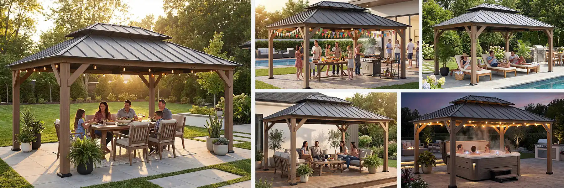 SUNJOY 12x16 Cedar Frame Gazebo with Steel Roof, Netting and Ceiling Hook - Weathered Cedar