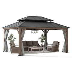 SUNJOY 12x16 Cedar Frame Gazebo with Steel Roof, Netting and Ceiling Hook - Dark Brown