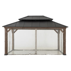 SUNJOY 12x16 Cedar Frame Gazebo with Steel Roof, Netting and Ceiling Hook - Dark Brown