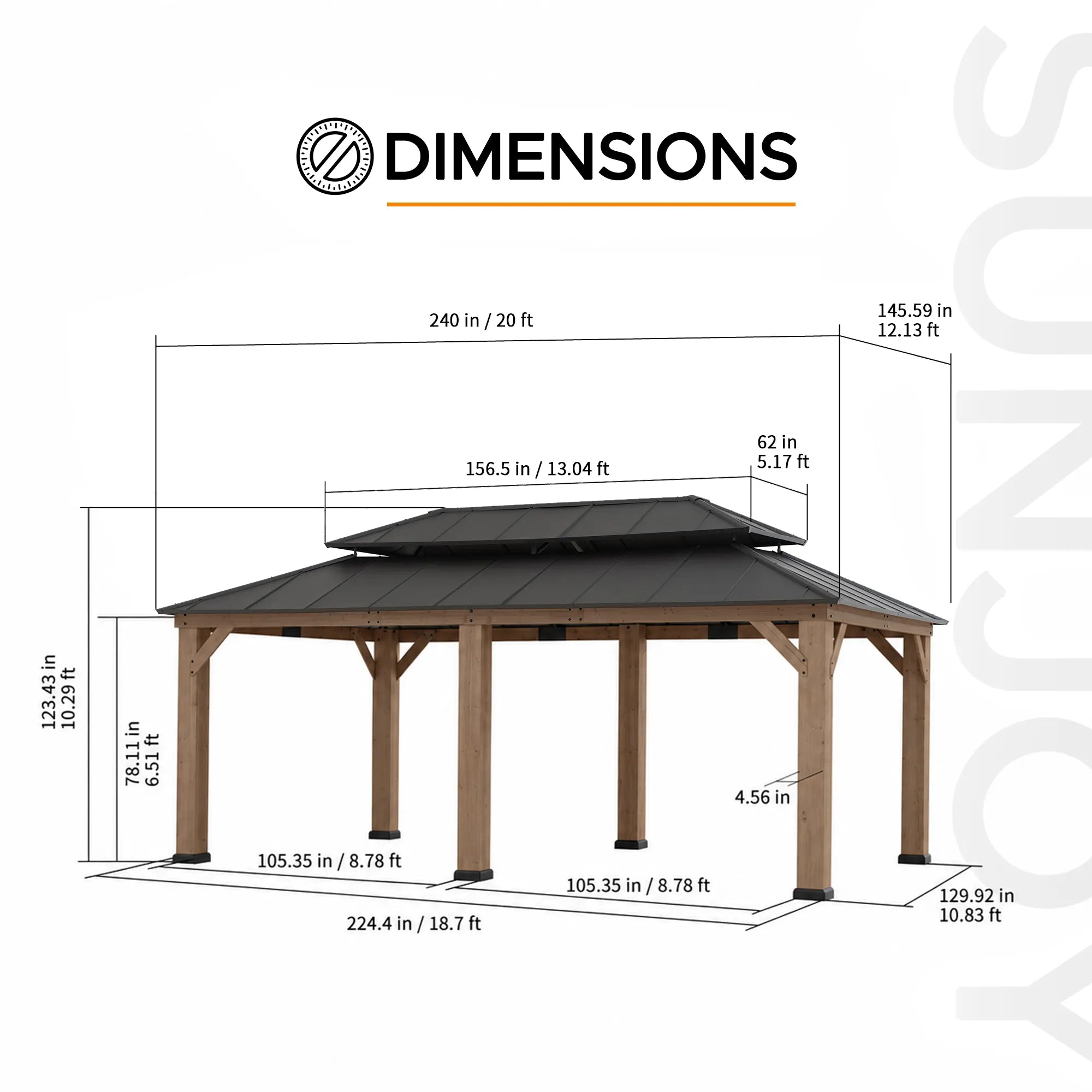 Patio Wooden Gazebo with Ceiling Hooks, 12x20 - Weathered Cedar