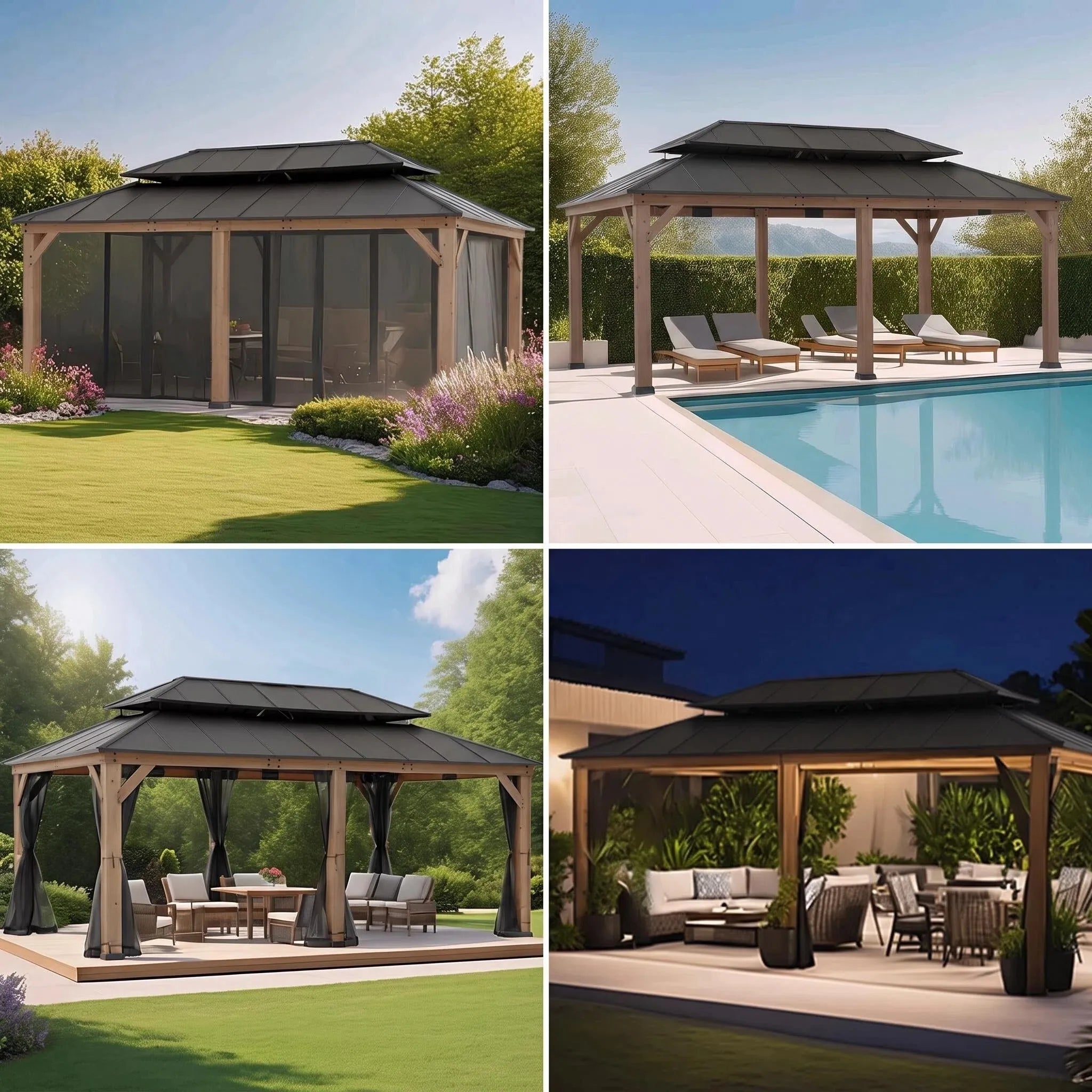 Patio Wooden Gazebo with Ceiling Hooks, 12x20 - Weathered Cedar