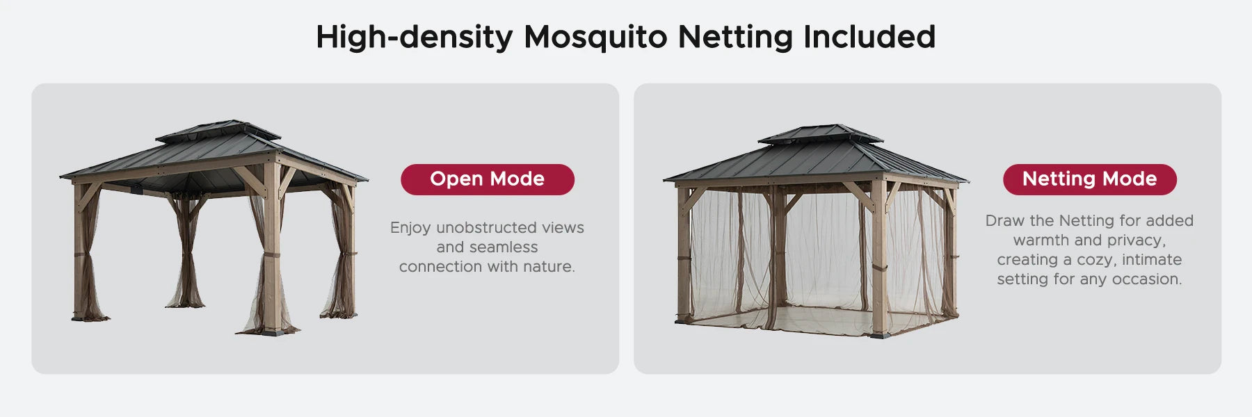SUNJOY 10x12 Cedar Wood Gazebo with Galvanized Steel Roof, LED String Lights & Mosquito Netting - Brown