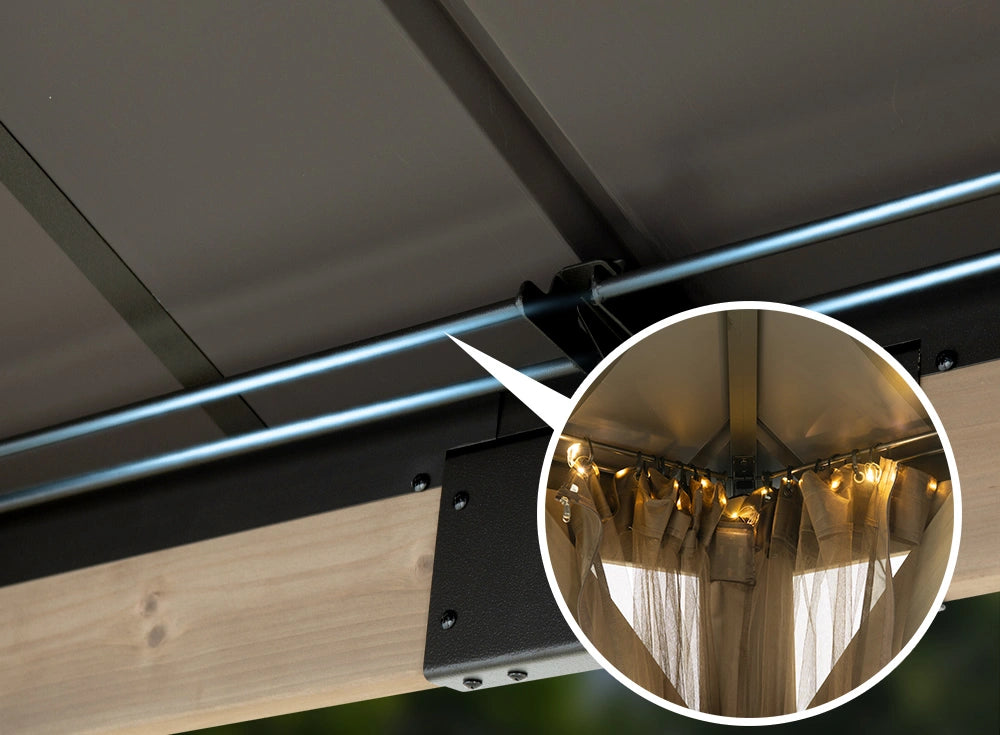SUNJOY 10x12 Cedar Wood Gazebo with Galvanized Steel Roof, LED String Lights & Mosquito Netting - Brown