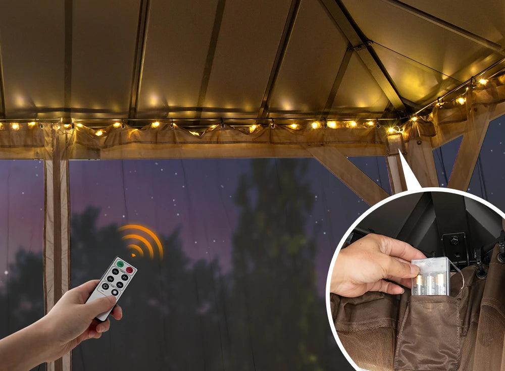 SUNJOY 10x12 Cedar Wood Gazebo with Galvanized Steel Roof, LED String Lights & Mosquito Netting - Brown