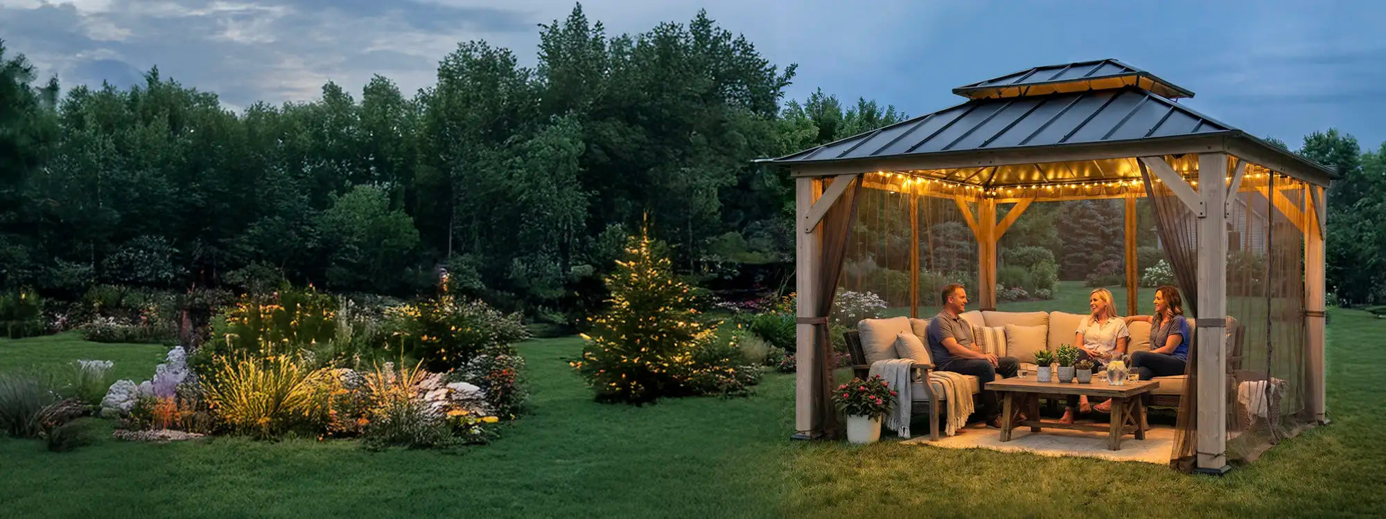 SUNJOY 10x12 Cedar Wood Gazebo with Galvanized Steel Roof, LED String Lights & Mosquito Netting - Brown