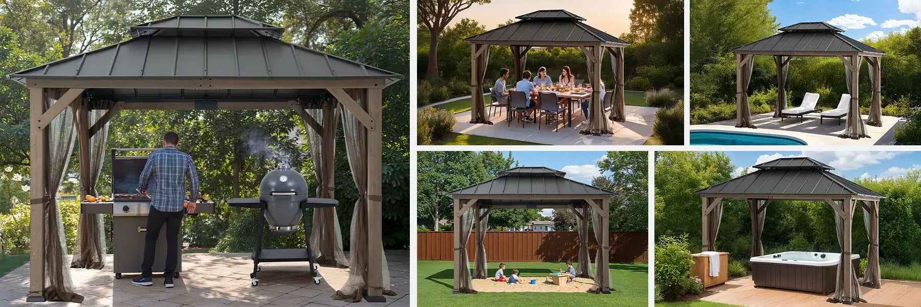 SUNJOY 10x12 Cedar Wood Gazebo with Galvanized Steel Roof, LED String Lights & Mosquito Netting - Brown