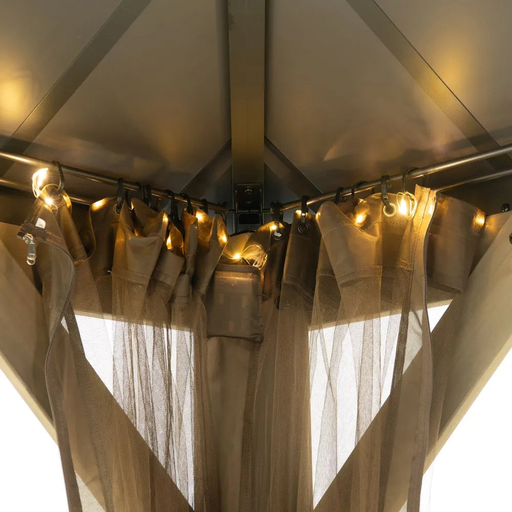 SUNJOY 10x12 Cedar Wood Gazebo with Galvanized Steel Roof, LED String Lights & Mosquito Netting - Brown