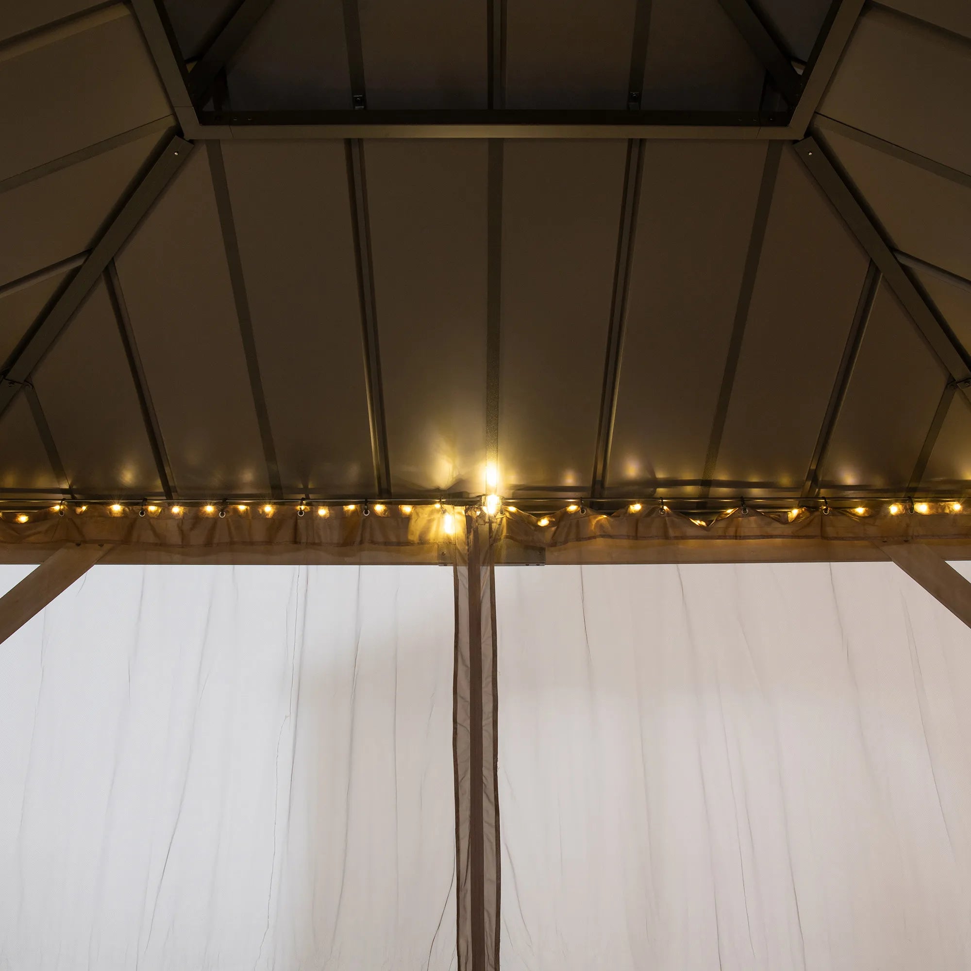 SUNJOY 10x12 Cedar Wood Gazebo with Galvanized Steel Roof, LED String Lights & Mosquito Netting - Brown