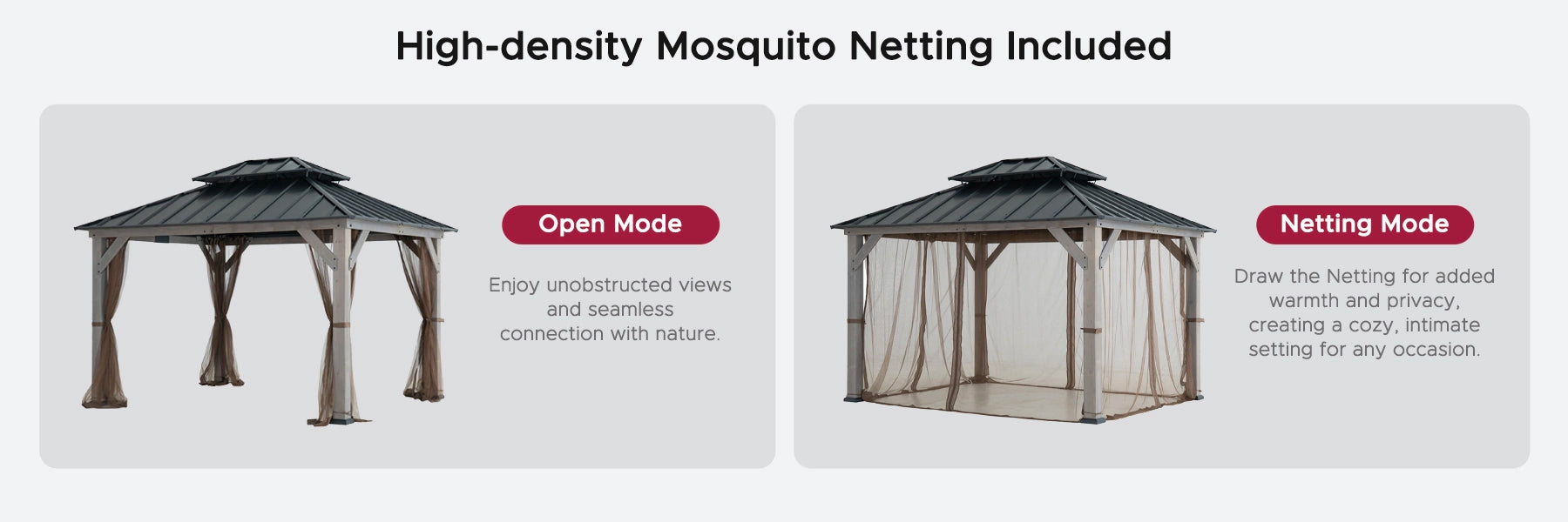 SUNJOY 10x12 Cedar Wood Gazebo with Galvanized Steel Roof, LED String Lights & Mosquito Netting - Black