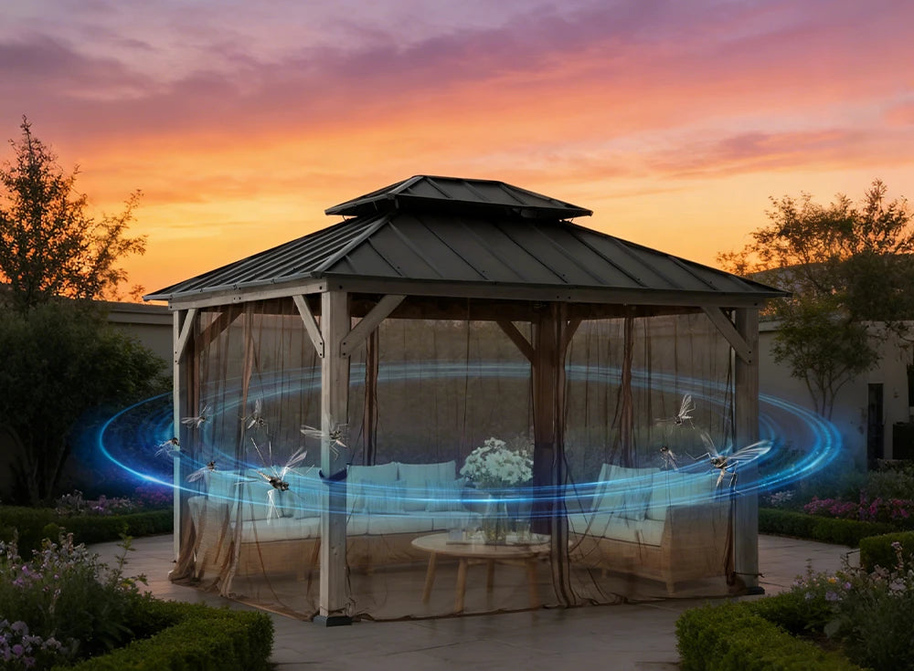 SUNJOY 10x12 Cedar Wood Gazebo with Galvanized Steel Roof, LED String Lights & Mosquito Netting - Black
