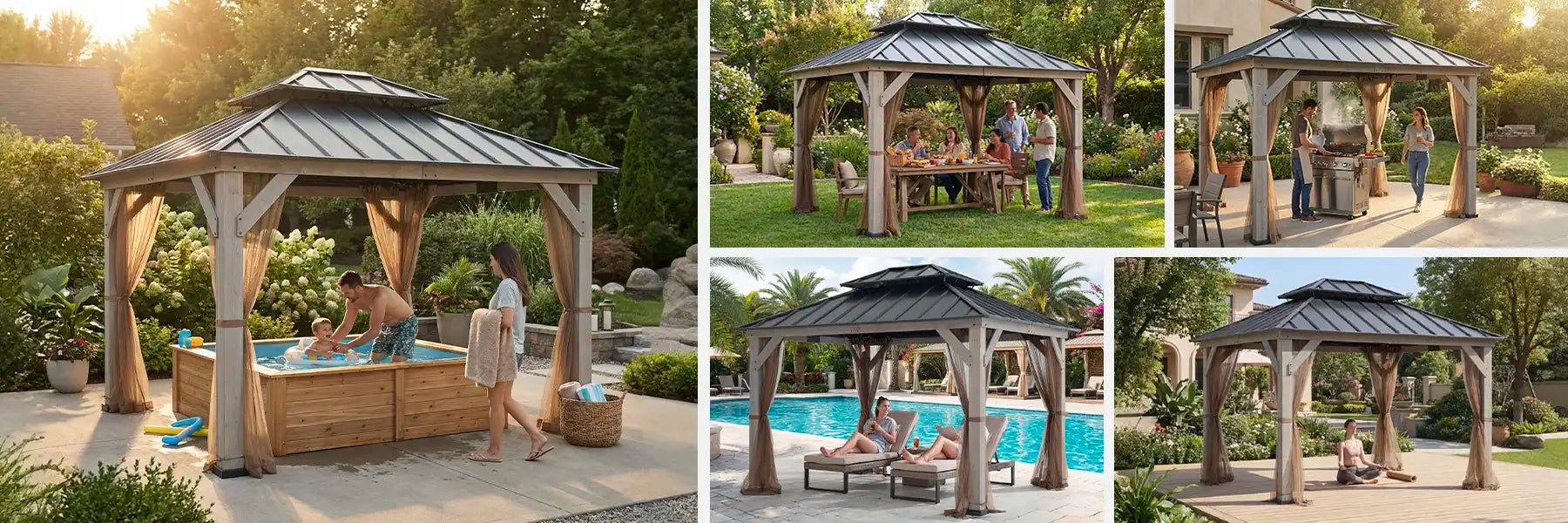 SUNJOY 10x12 Cedar Wood Gazebo with Galvanized Steel Roof, LED String Lights & Mosquito Netting - Black