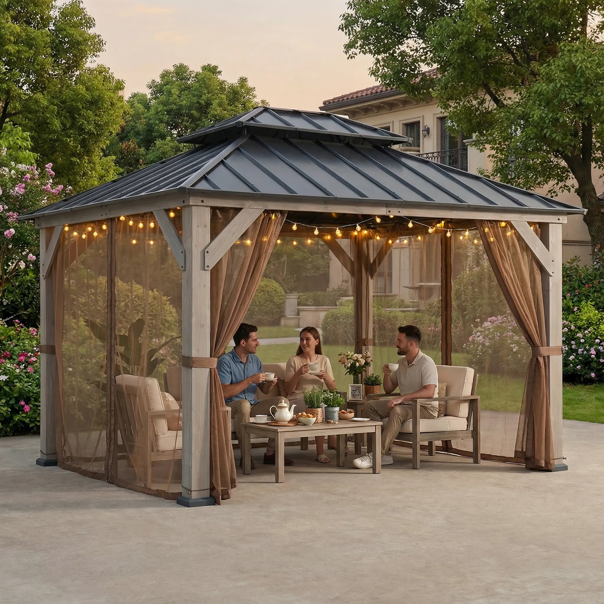 SUNJOY 10x12 Cedar Wood Gazebo with Galvanized Steel Roof, LED String Lights & Mosquito Netting - Black