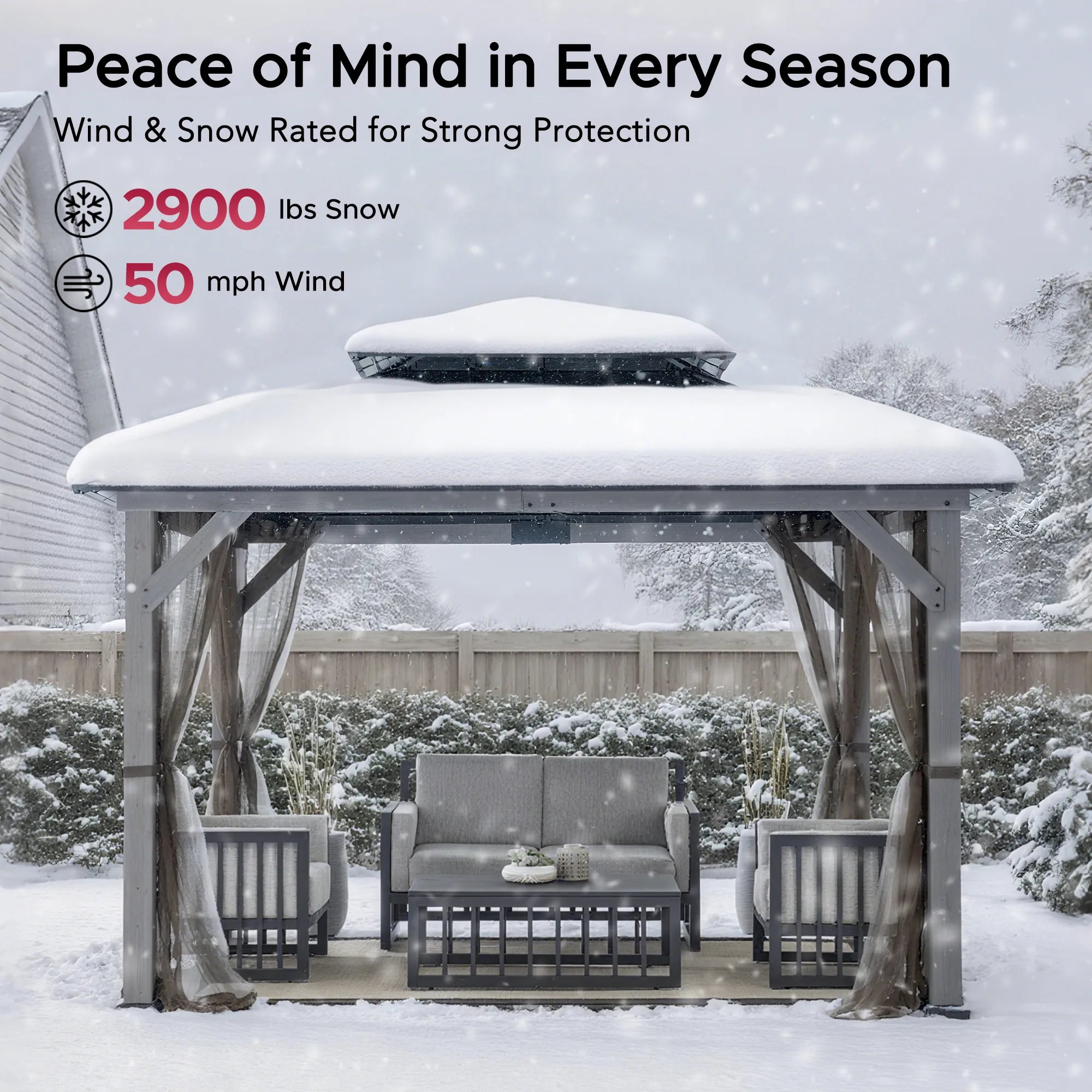 SUNJOY 10x12 Cedar Wood Gazebo with Galvanized Steel Roof, LED String Lights & Mosquito Netting - Black