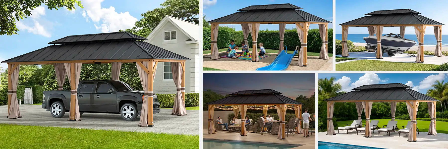 SUNJOY 12x20 Cedar Frame Gazebo with Galvanized Steel Roof and Curtains