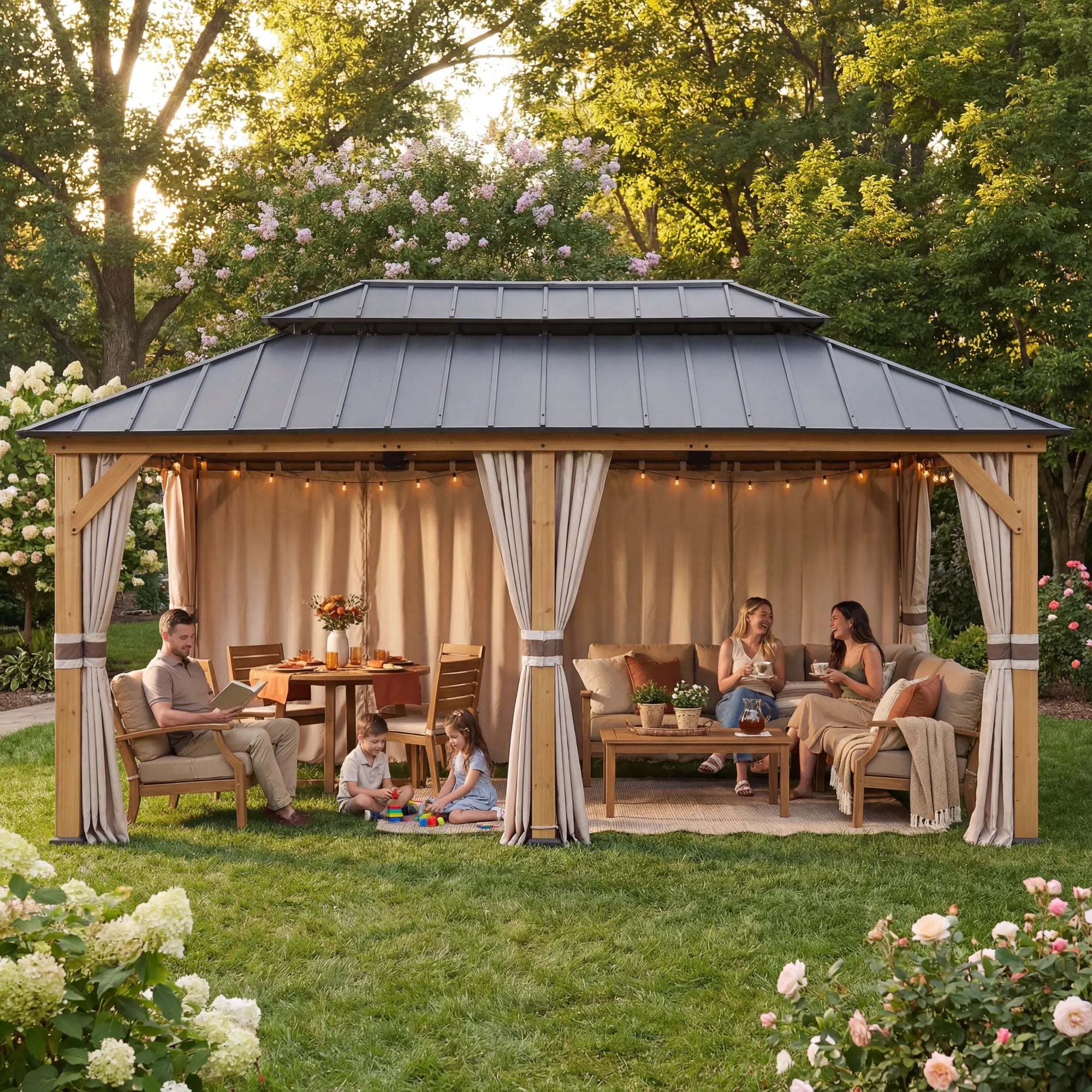 Wooden 12x20 Gazebo with Steel Roof & Curtains for Outdoors | SUNJOY