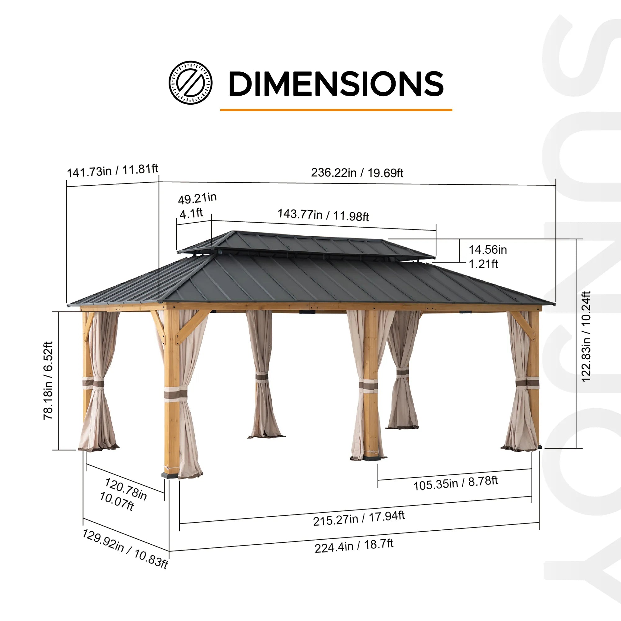 SUNJOY 12x20 Cedar Frame Gazebo with Galvanized Steel Roof and Curtains