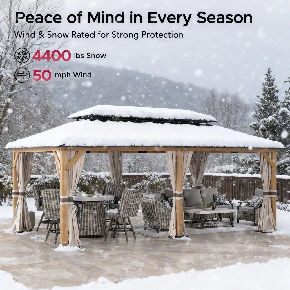 SUNJOY 12x20 Cedar Frame Gazebo with Galvanized Steel Roof and Curtains