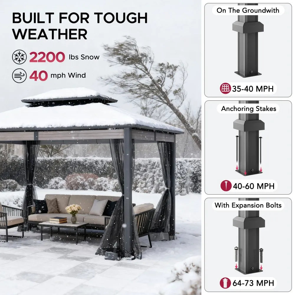 SUNJOY 10x12 Heavy-Duty Hardtop Gazebo with Mosquito Netting & Wood-Look Beams