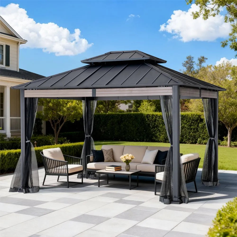 SUNJOY 10x12 Heavy-Duty Hardtop Gazebo with Mosquito Netting & Wood-Look Beams