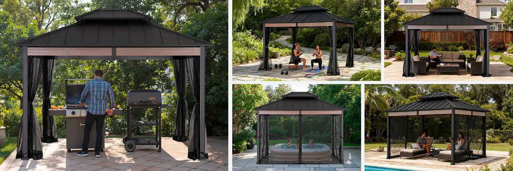 SUNJOY 10x12 Heavy-Duty Hardtop Gazebo with Mosquito Netting & Wood-Look Beams