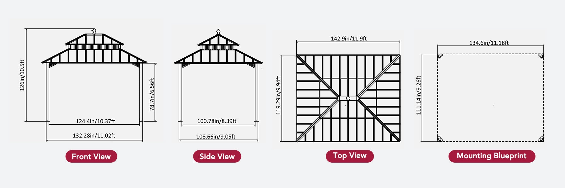 SUNJOY Kingston 12x10 Gazebo with Netting & Curtain | Steel Roof - Woodgrain Aluminum Posts