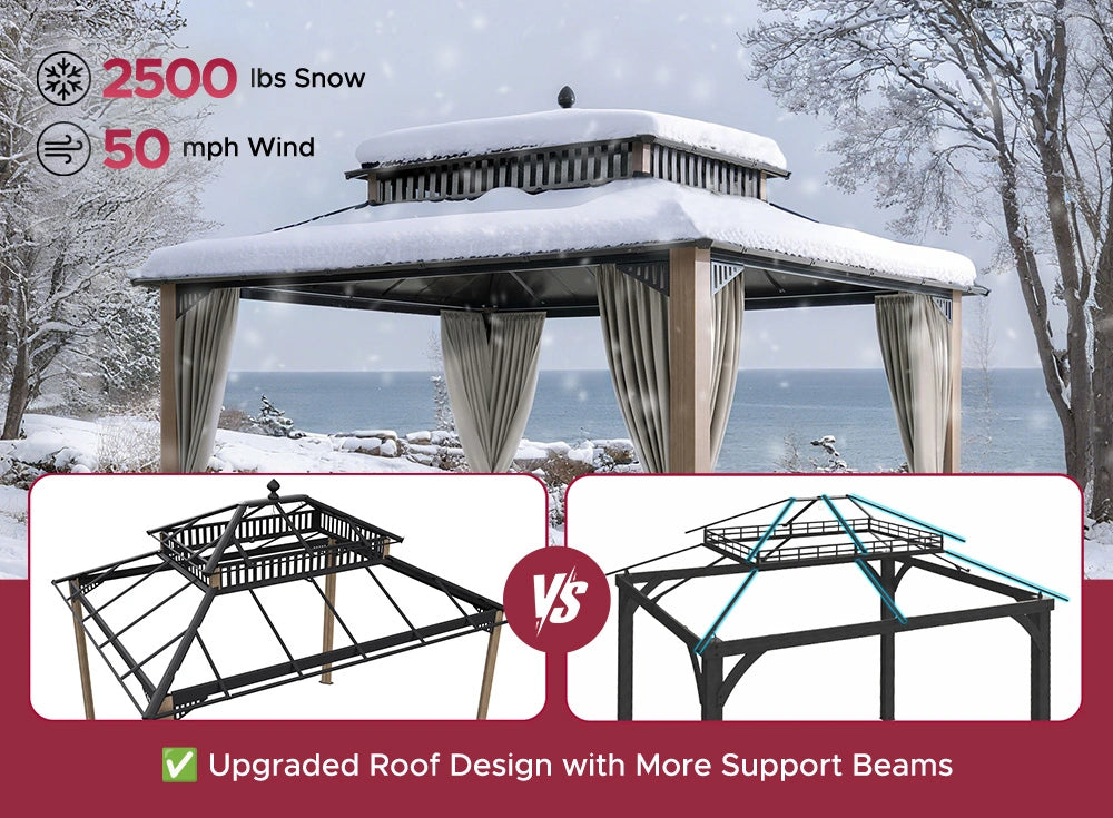SUNJOY Kingston 12x10 Gazebo with Netting & Curtain | Steel Roof - Woodgrain Aluminum Posts