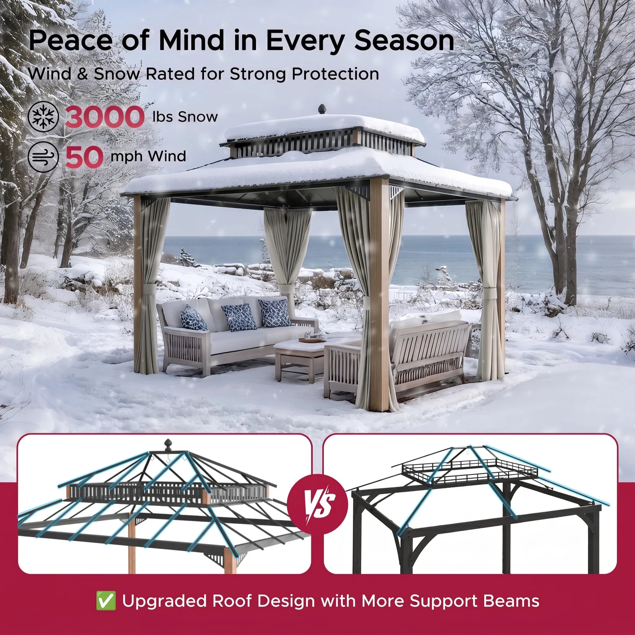 SUNJOY Kingston 12x10 Gazebo with Netting & Curtain | Steel Roof with Extra-Tall & Oversized Vent Top - Woodgrain Aluminum Posts