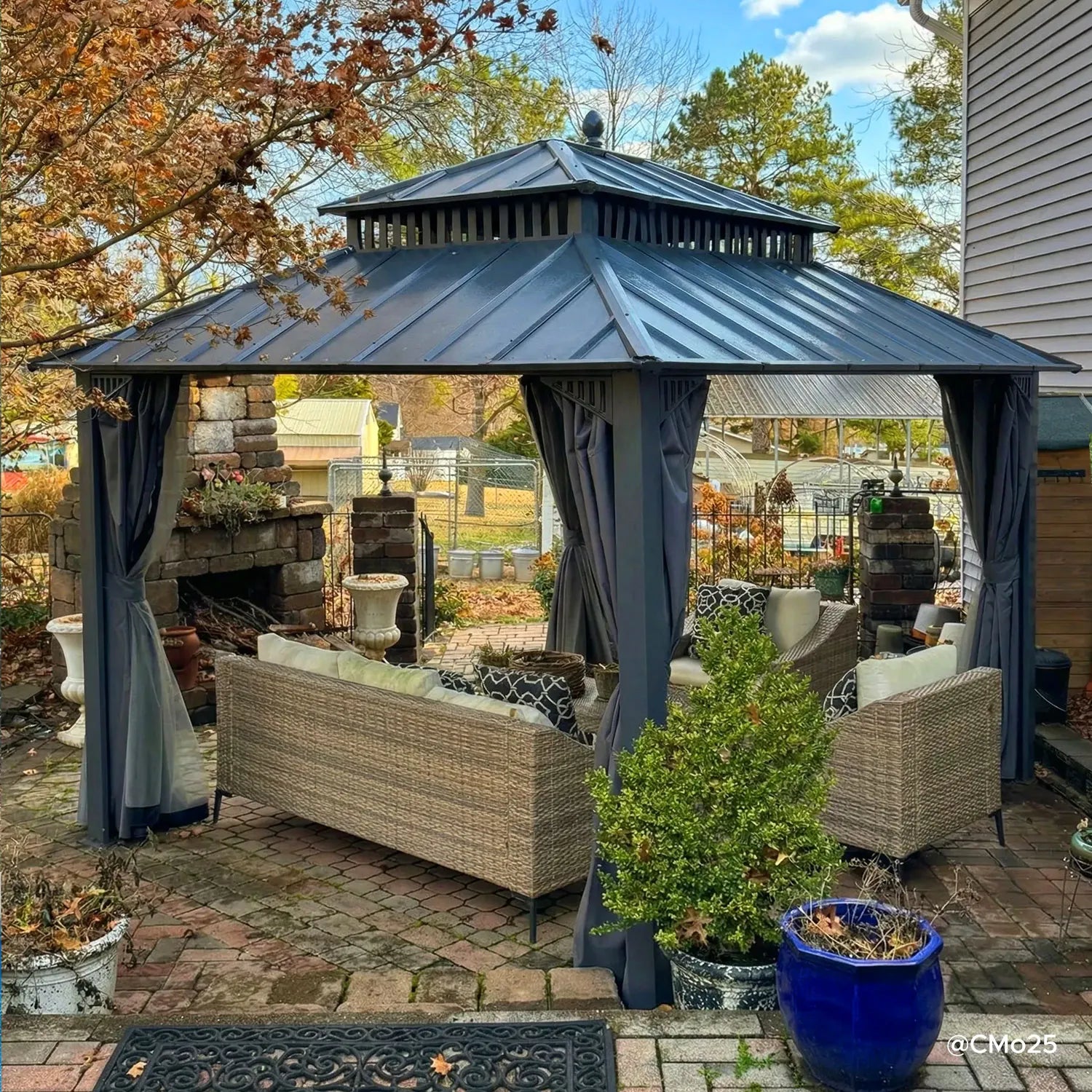 SUNJOY Kingston 12x10 Gazebo with Netting & Curtain | Steel Roof with Extra-Tall & Oversized Vent Top - Gray Aluminum Posts