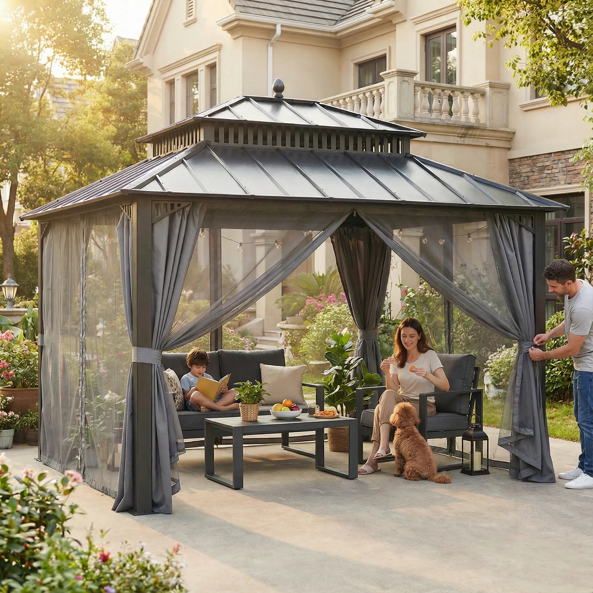 SUNJOY Kingston 12x10 Gazebo with Netting & Curtain | Steel Roof with Extra-Tall & Oversized Vent Top - Gray Aluminum Posts