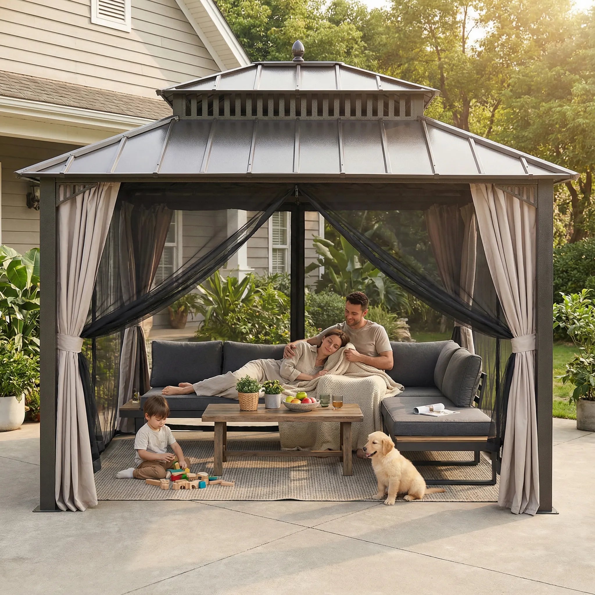 SUNJOY Kingston 12x10 Gazebo with Netting & Curtain | Steel Roof with Extra-Tall & Oversized Vent Top - Brown Aluminum Posts