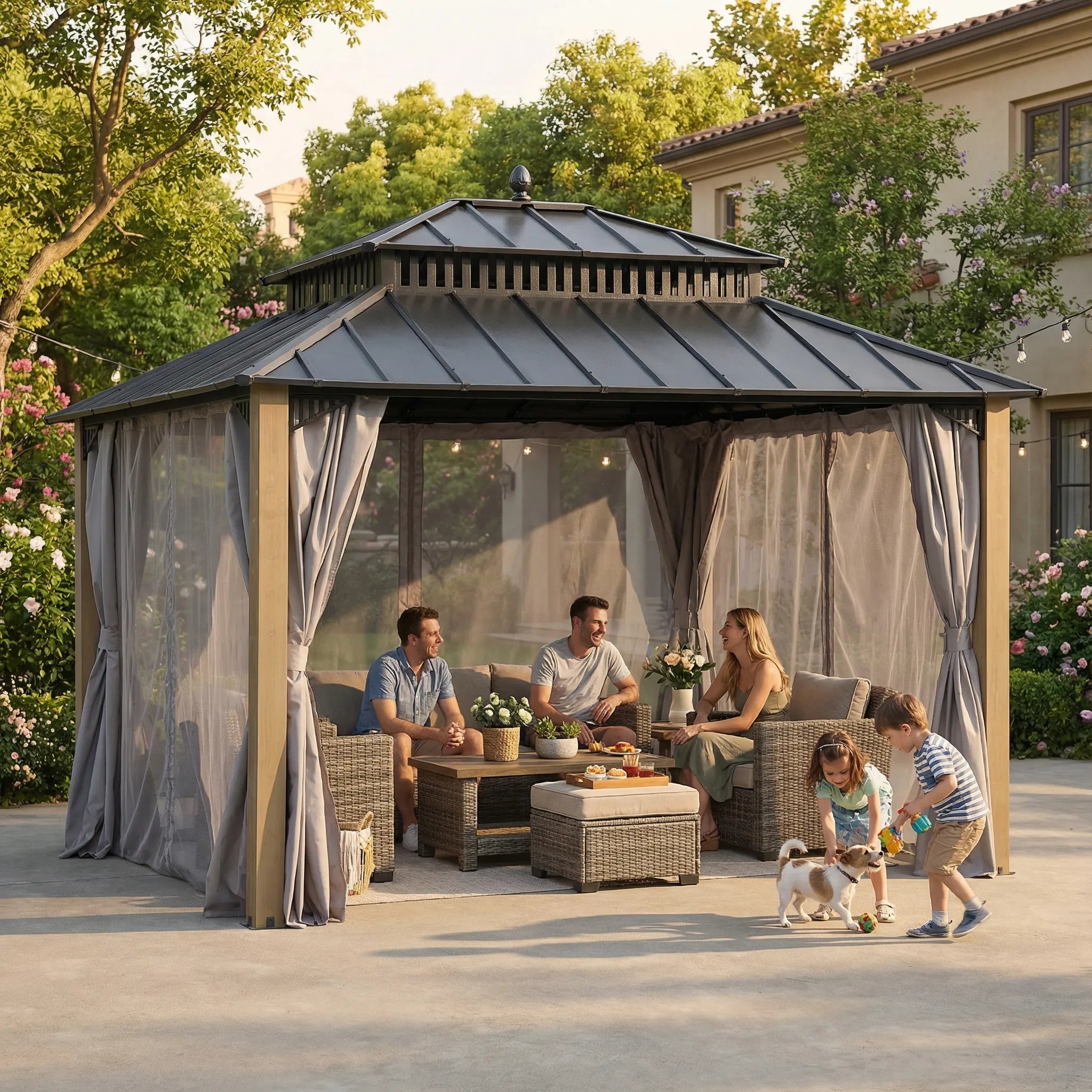SUNJOY Kingston 12x10 Gazebo with Netting & Curtain | Steel Roof with Extra-Tall & Oversized Vent Top - Ceadr Wood Posts