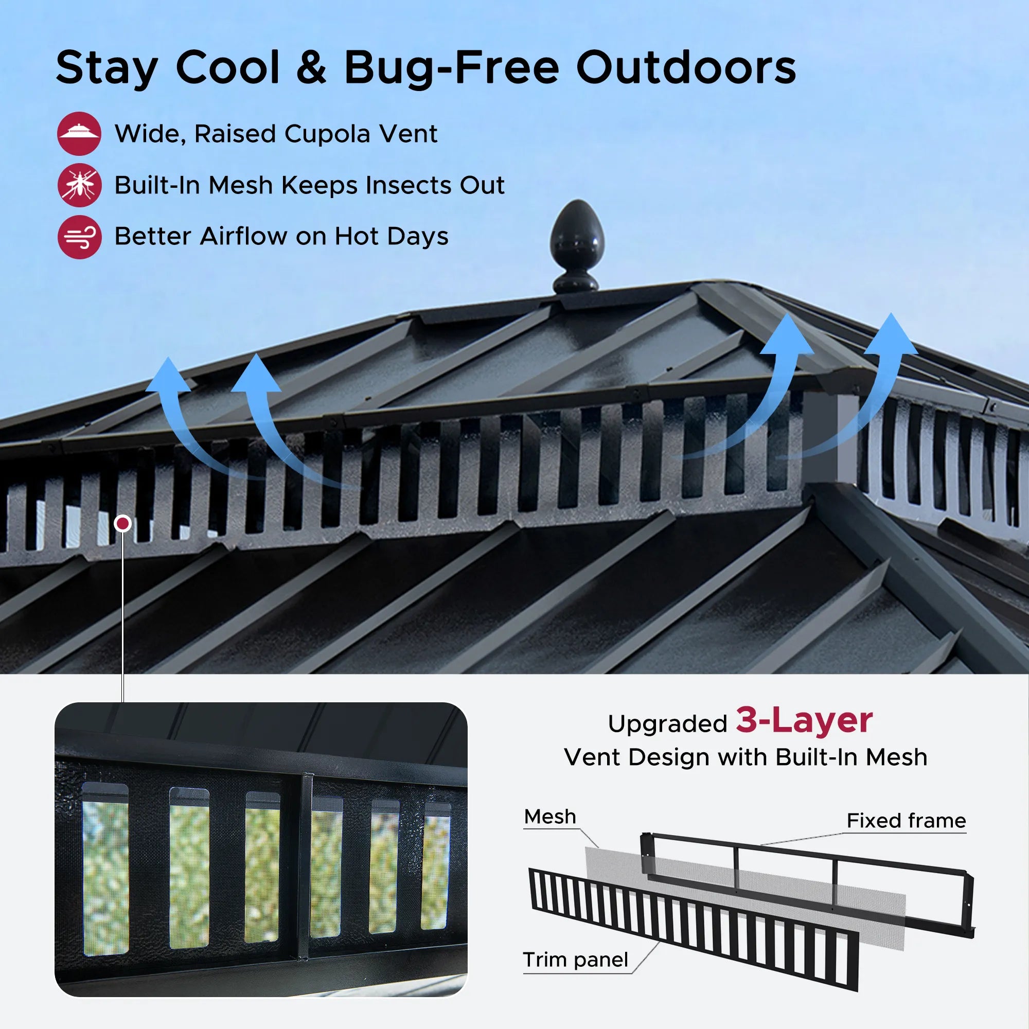 SUNJOY Kingston 12x10 Gazebo with Netting & Curtain | Steel Roof with Extra-Tall & Oversized Vent Top - Ceadr Wood Posts 