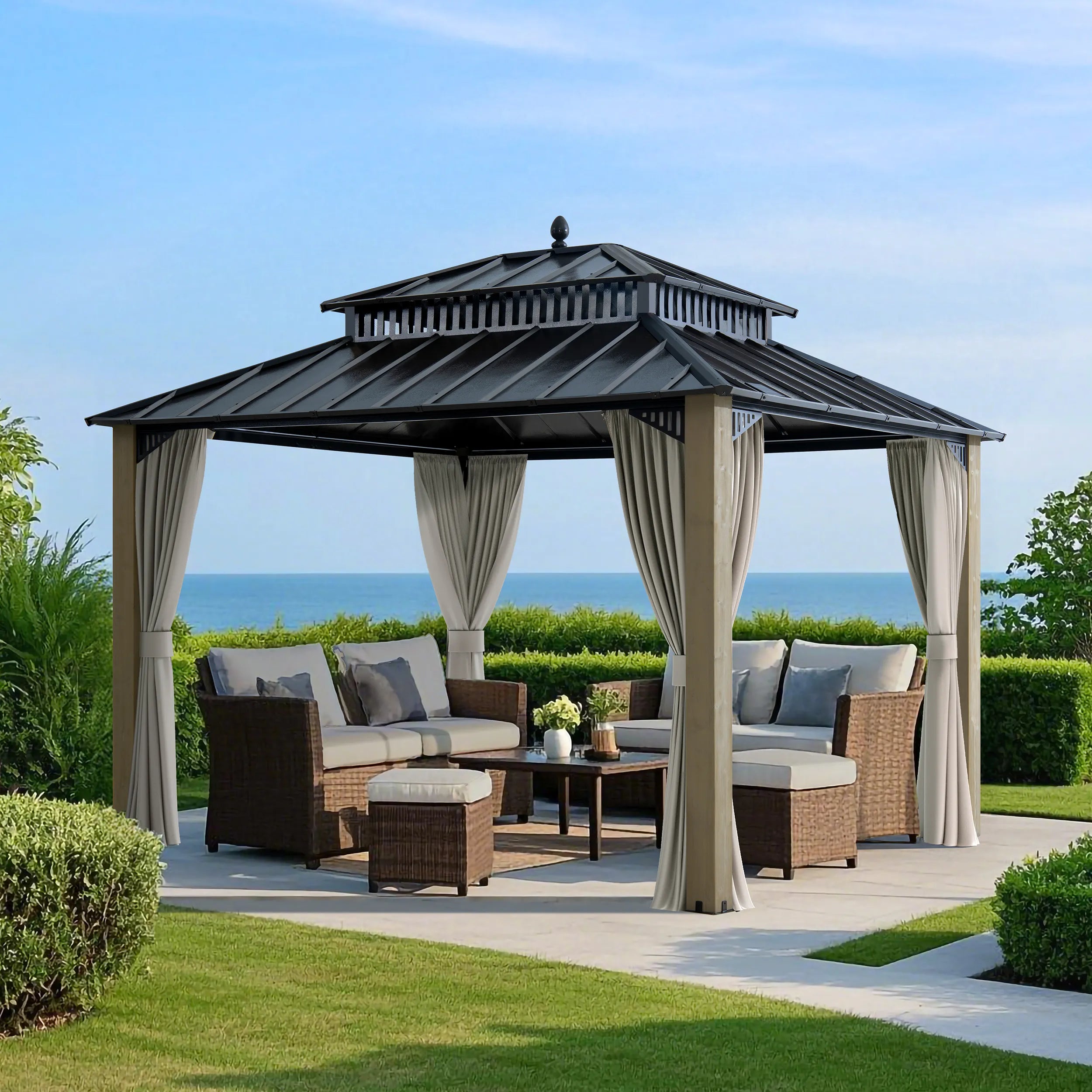 SUNJOY Kingston 12x10 Hardtop Gazebo with Steel Roof & Cedar Posts