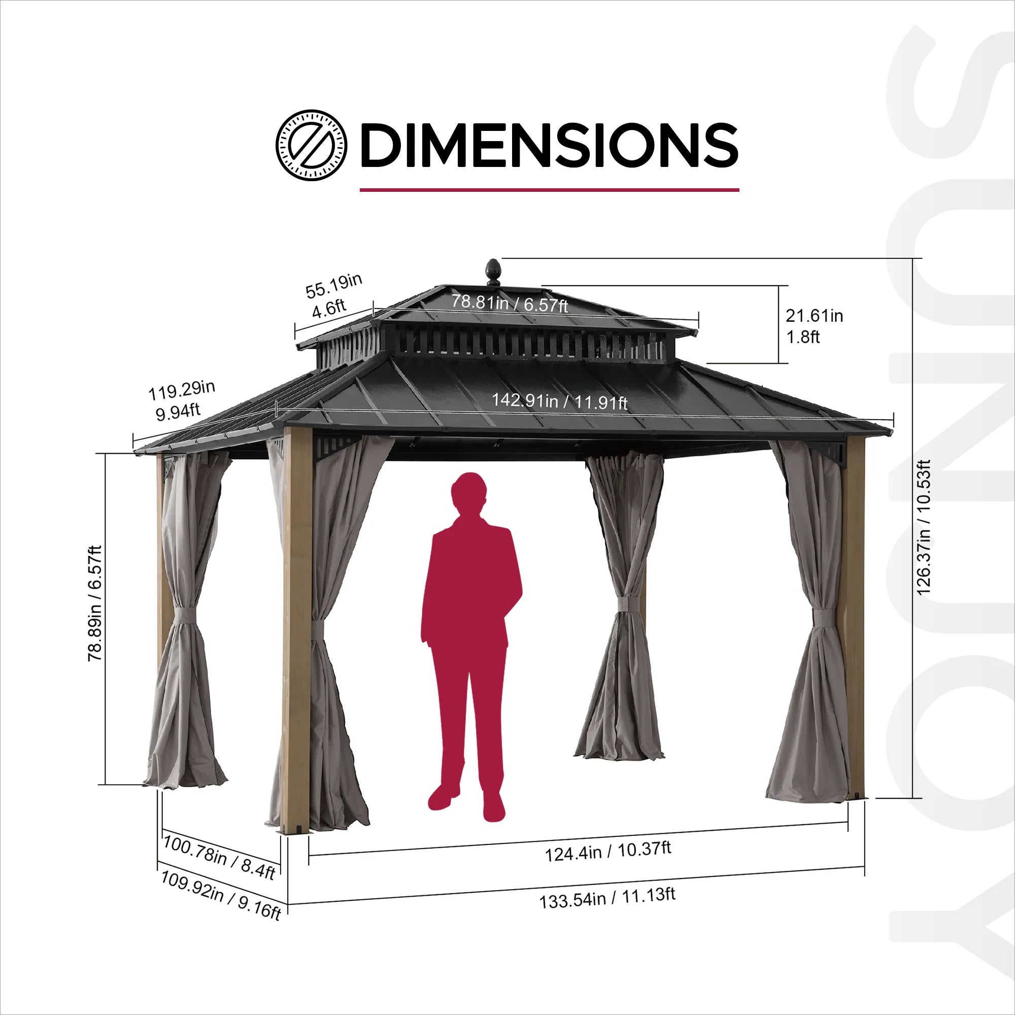 SUNJOY Kingston 12x10 Gazebo with Netting & Curtain | Steel Roof with Extra-Tall & Oversized Vent Top - Ceadr Wood Posts 