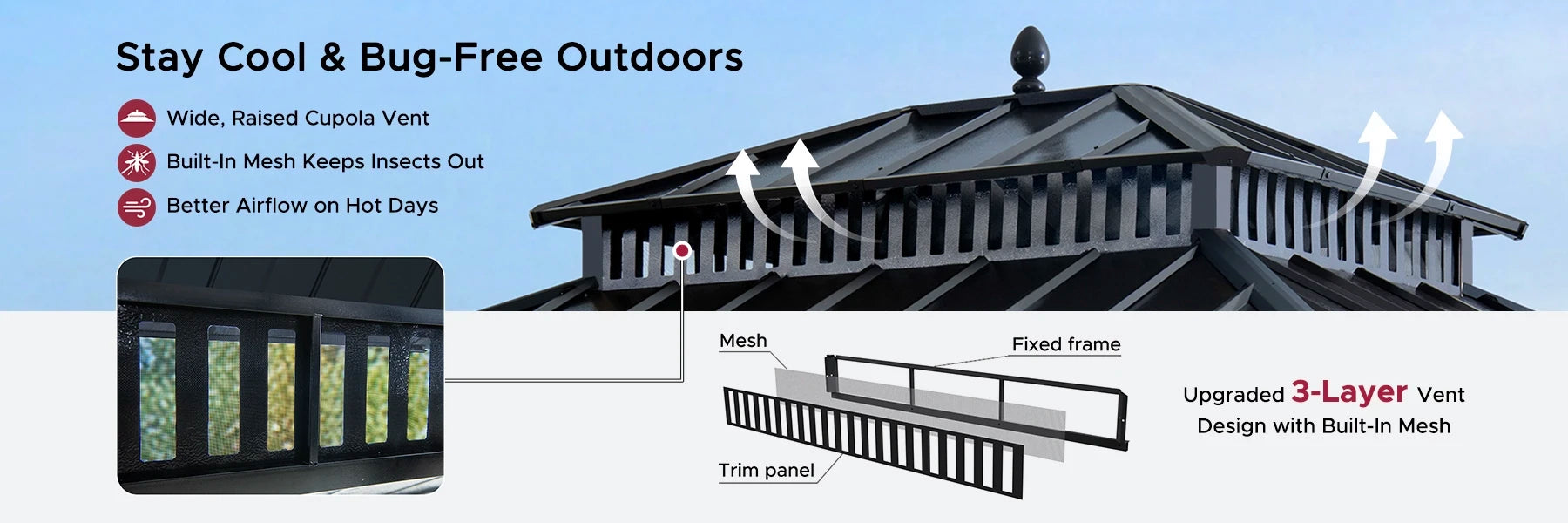 SUNJOY Kingston 12x10 Gazebo with Netting & Curtain | Steel Roof with Extra-Tall & Oversized Vent Top - Ceadr Wood Posts 