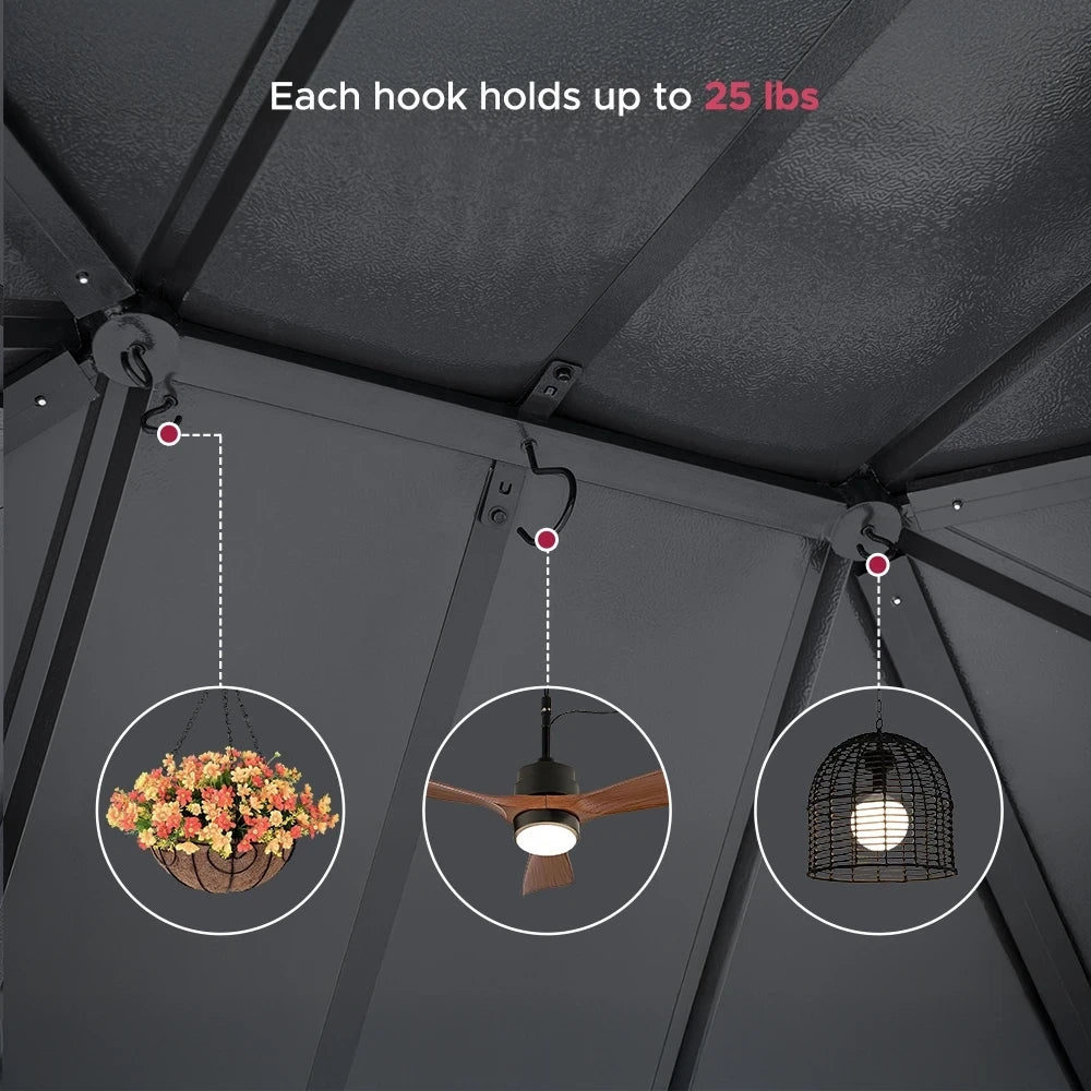 SUNJOY Kingston 12x10 Gazebo with Netting & Curtain | Steel Roof with Extra-Tall & Oversized Vent Top - Ceadr Wood Posts 