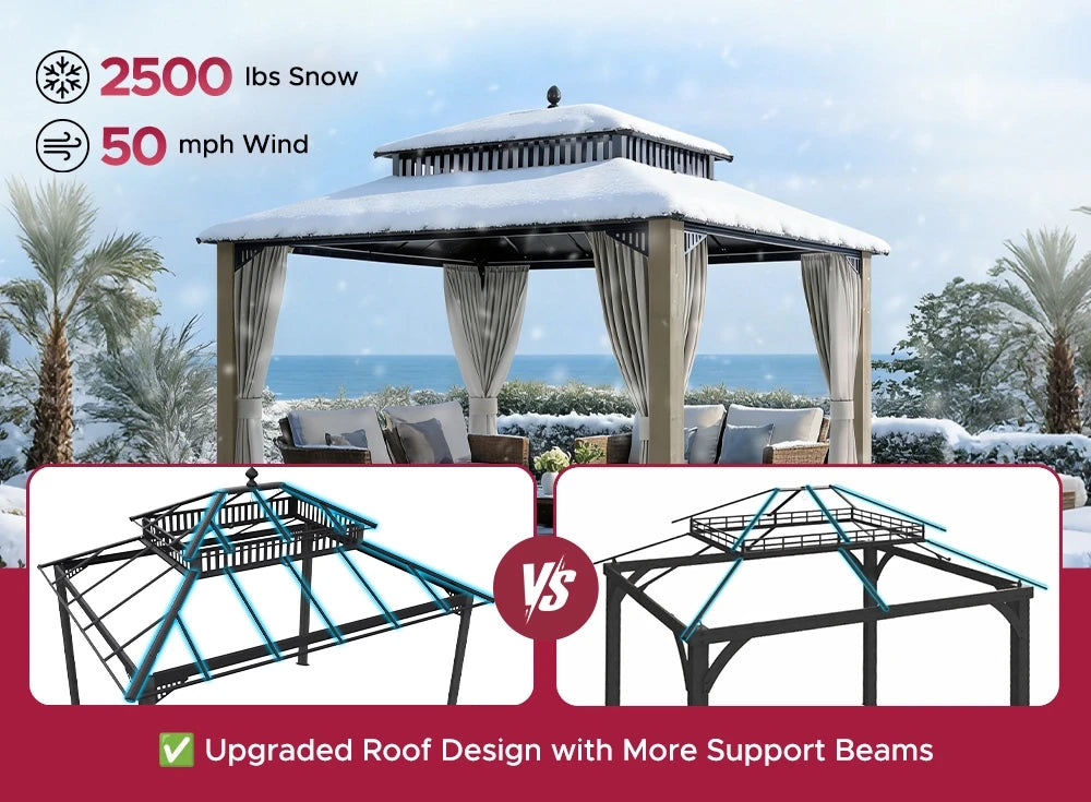 SUNJOY Kingston 12x10 Gazebo with Netting & Curtain | Steel Roof with Extra-Tall & Oversized Vent Top - Ceadr Wood Posts 